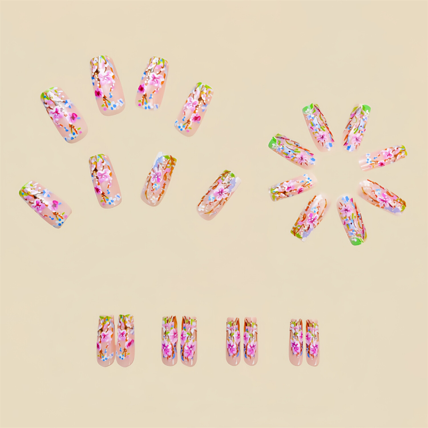 24pcs Colorful Flowers Short Square Press-On Fake Nail Spring Summer Manicure