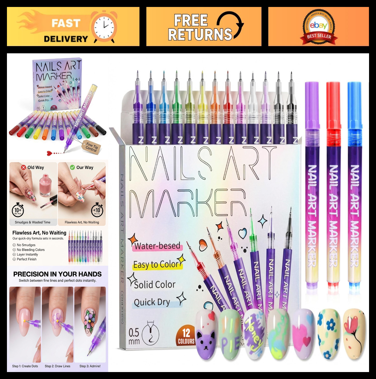 12 Colors Nail Art Pens Set – Fine Tip 3D Acrylic Markers, Quick Dry Waterproof