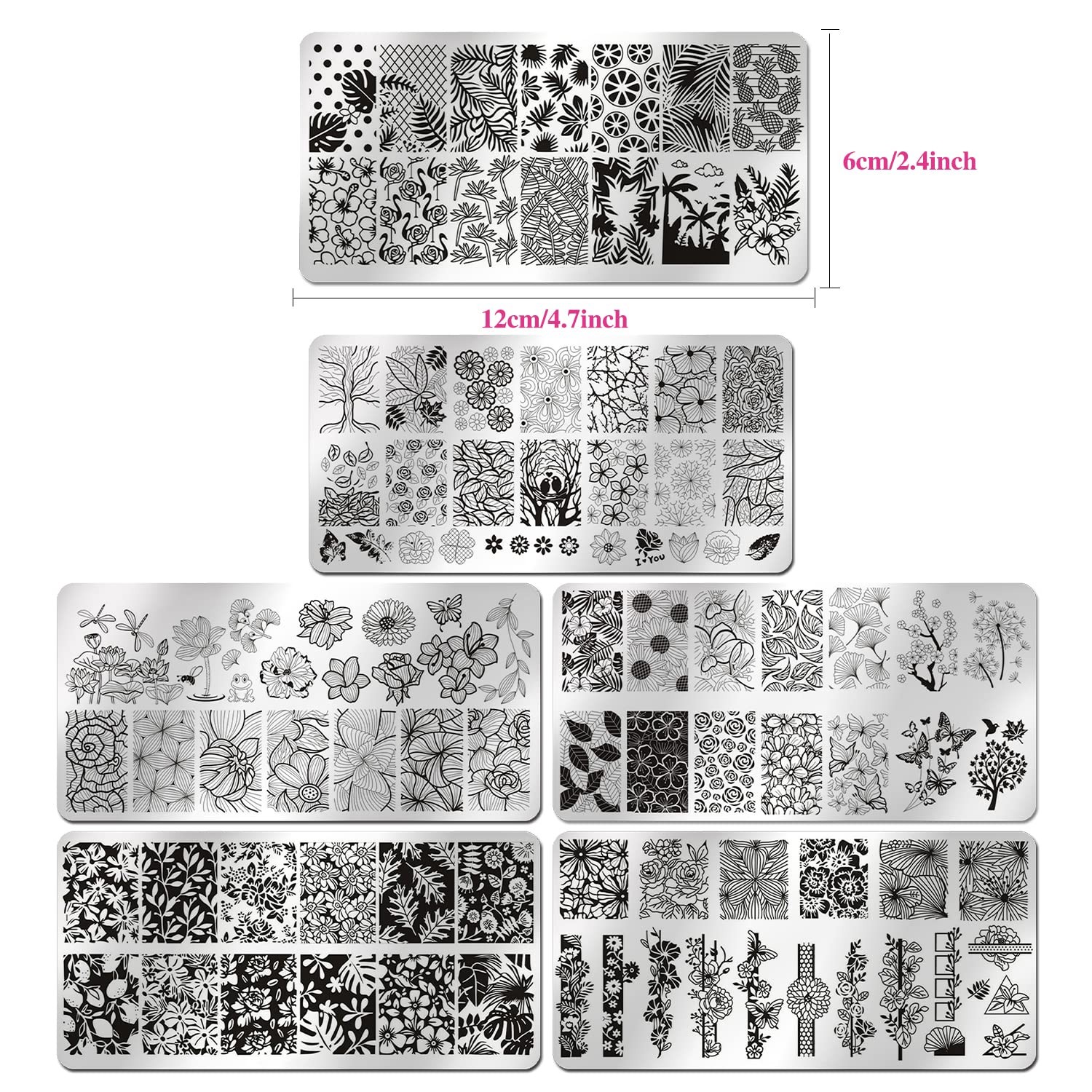 6pcs Flower Nail Stamping Plates – Mix Size Spring Summer Flowers Leaves Nail…