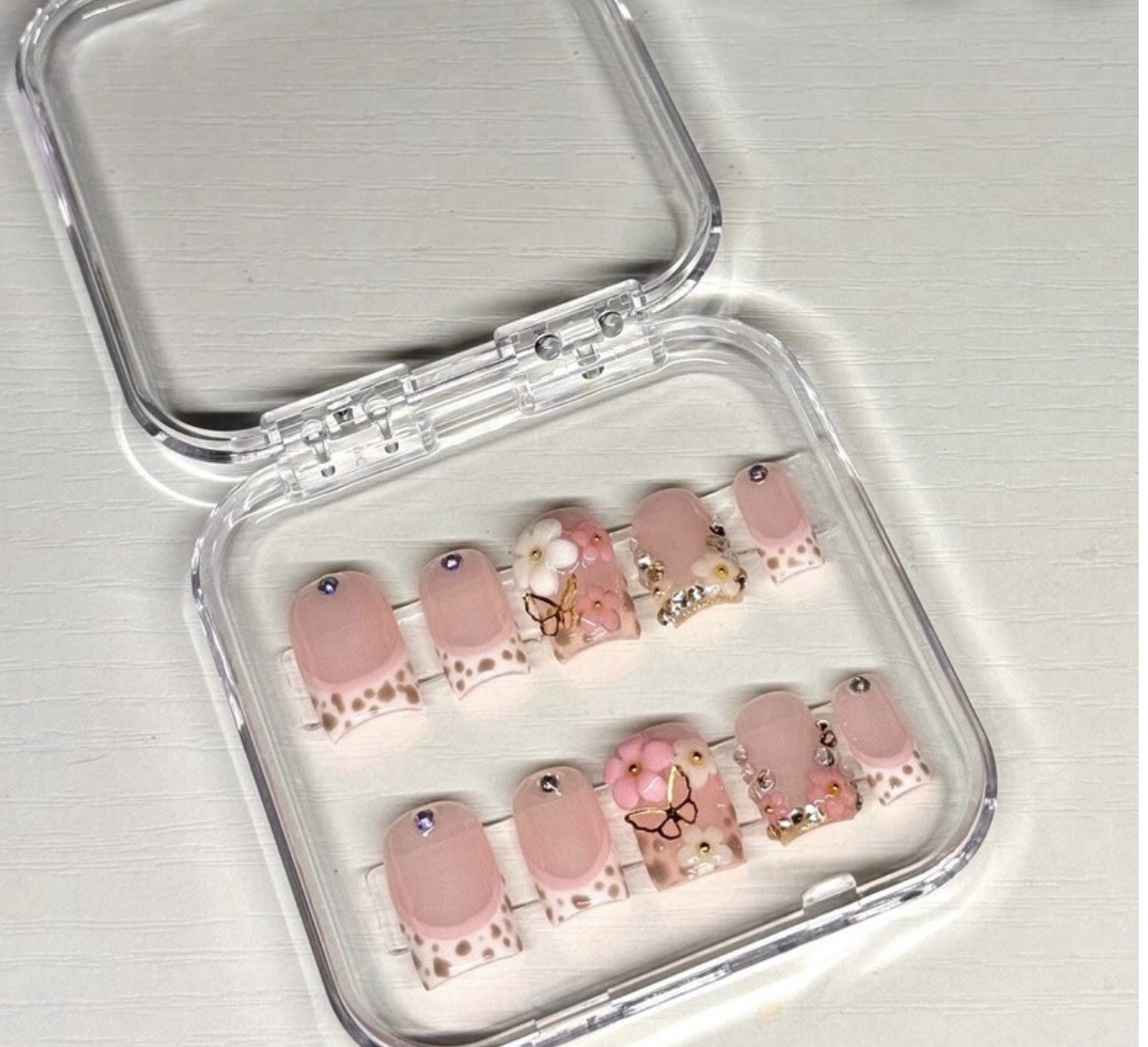 Luxe 319 Pink 3D Floral Butterfly Medium Square Press-On Nails | Handmade Custom