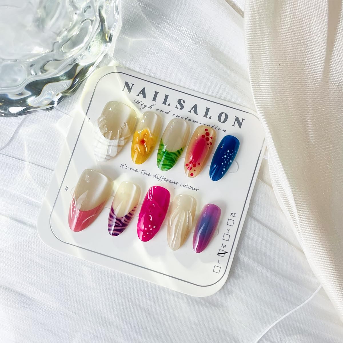10pcs Flower French Tip Press On Nails Colorful Glossy Almond Shaped Fake Nai…
