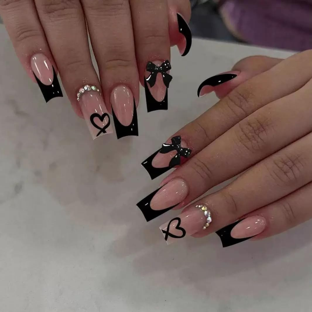 Medium Press on Nails Coffin – Black French Tip Fake Nails with Bow Charms Desig