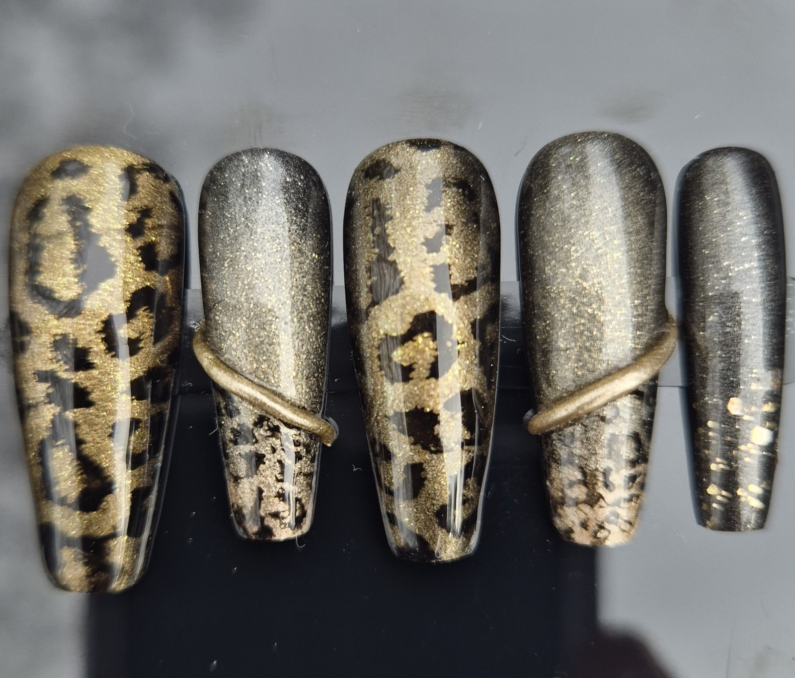 Gold Black Glitter Leopard Coffin Press-On Nails Pre-Designed Full Cover