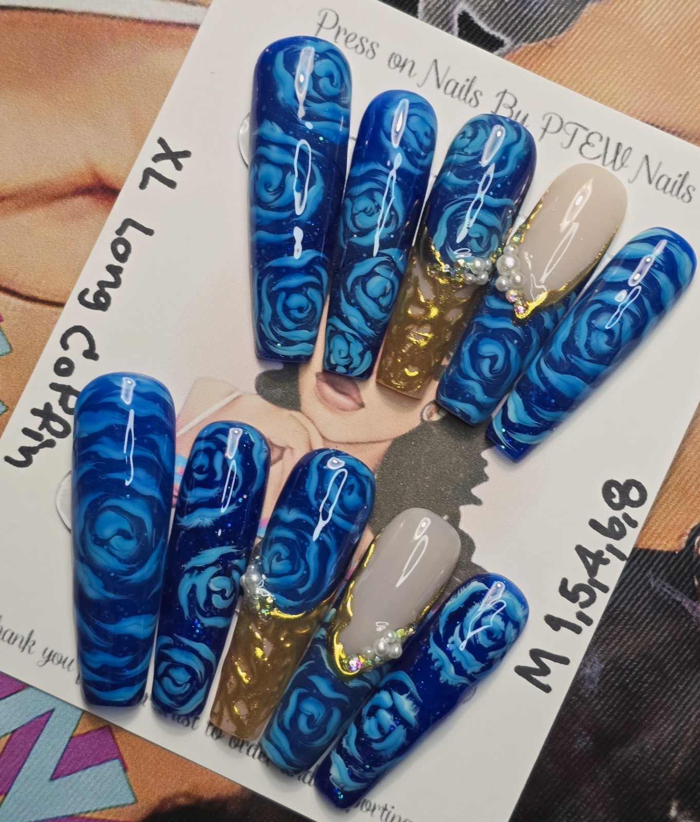 Handmade Gel Press On Nails,V Rose Nails,Medium Size 1,5,4,6,8 XL Long Coffin