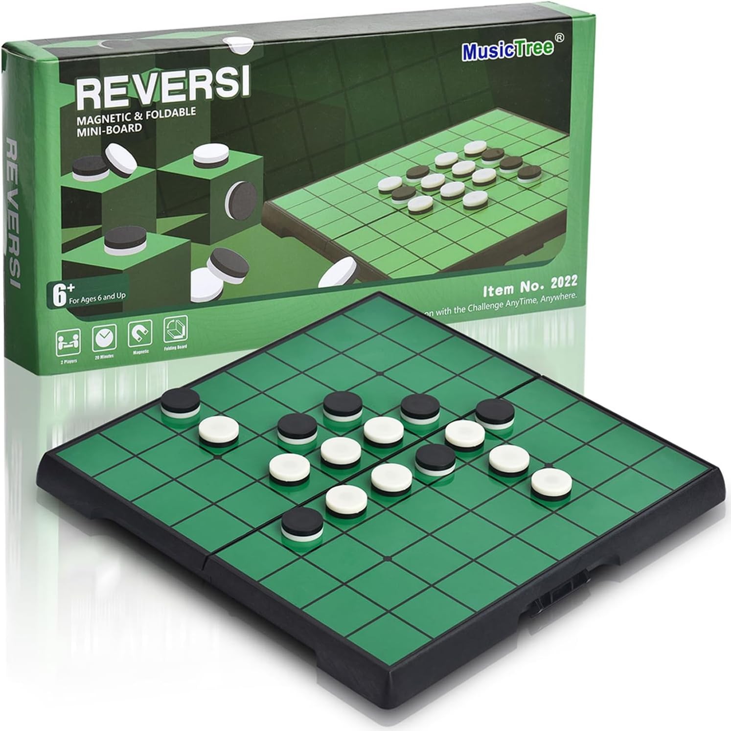 MusicTree Magnetic Reversi Board Game Set with Folding White, Black, Green