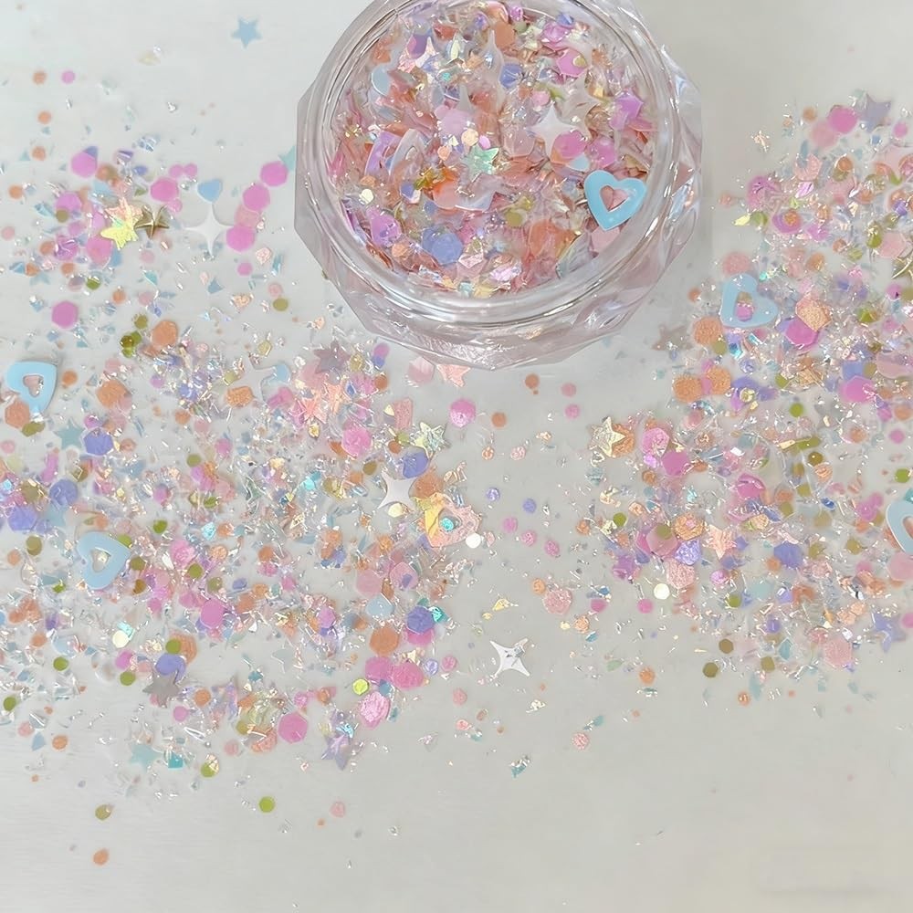 2 Boxes Colorful Heart Star Glitter for Nails Aurora Pink Nail Glitter Flakes…