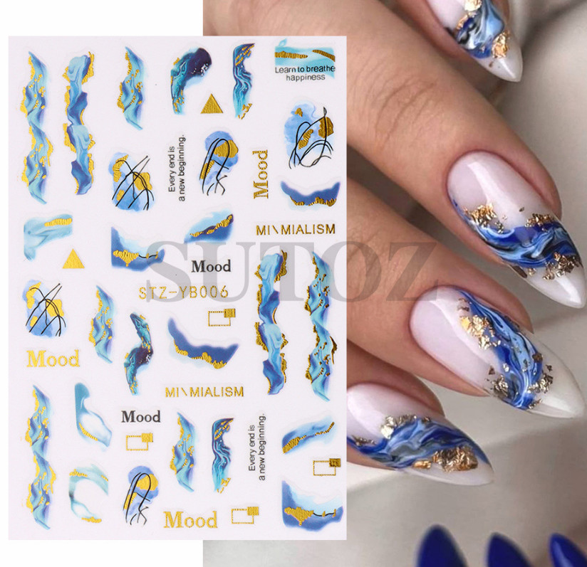 Gold Edge 3D Self Adhesive Nail Art French Lines Marbles Hearts Eyes Design NS43