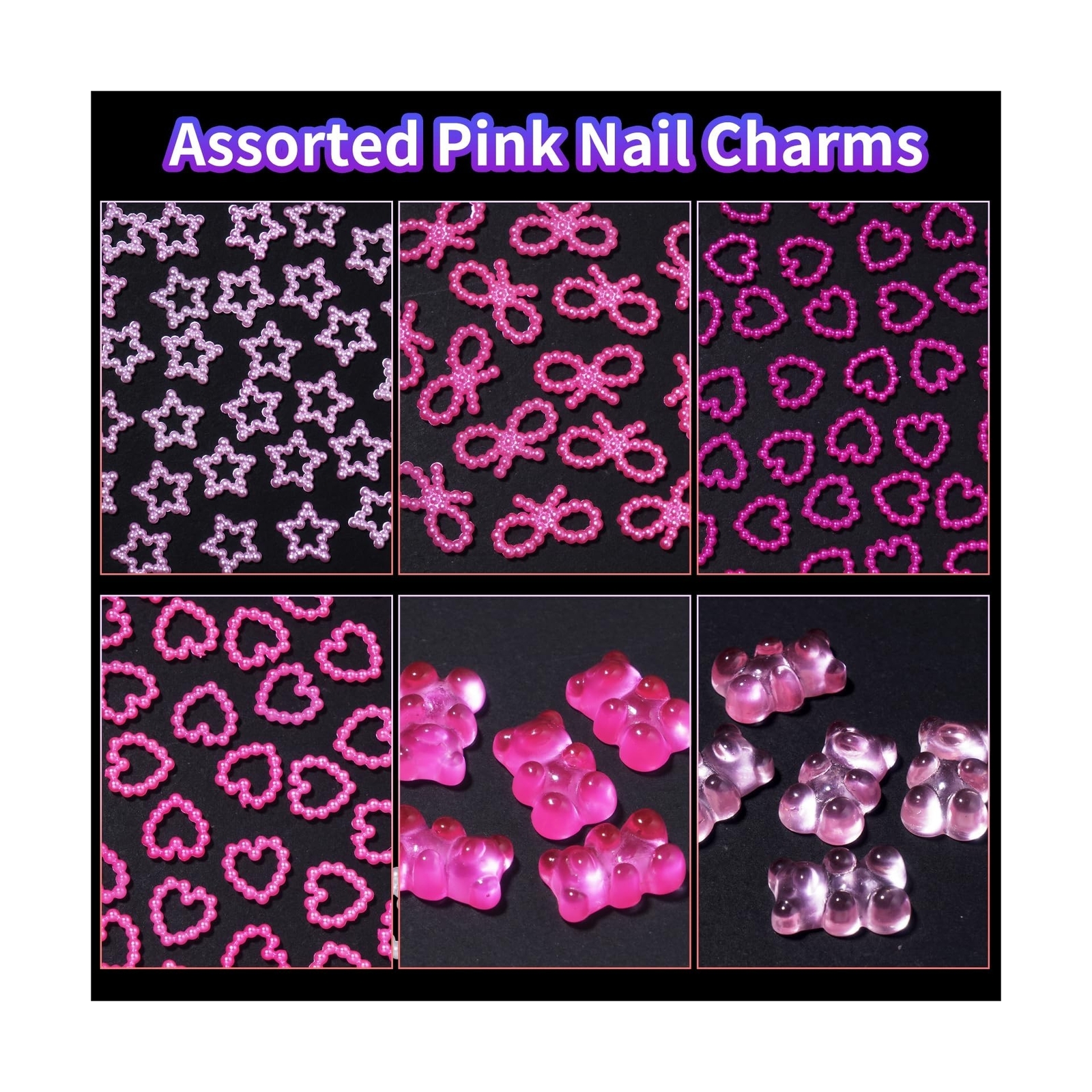 3D Pink Assorted Pearls Gems Nail Charms Heart Butterfly Bow Bear Nail Charms…