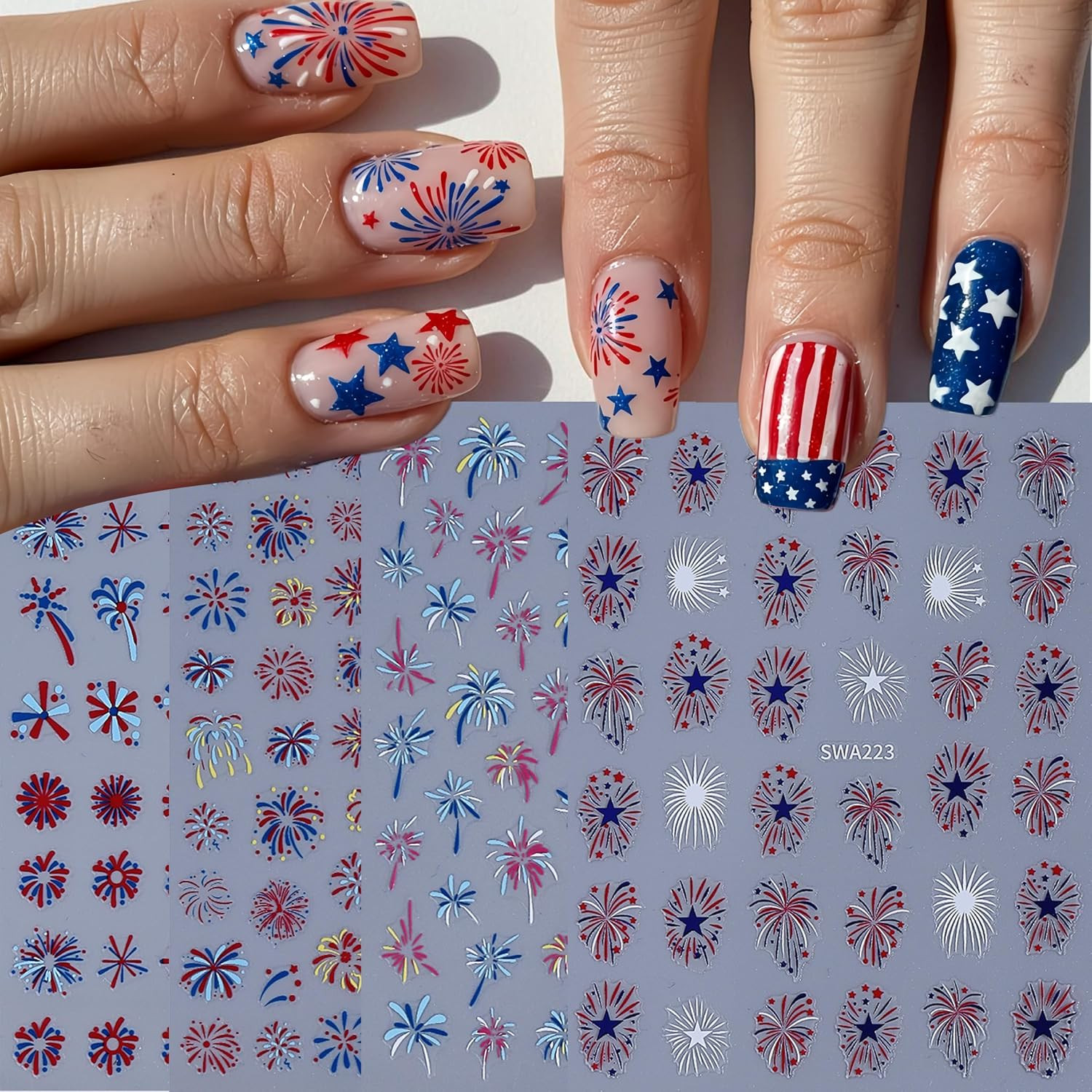 8Sheets 4Th of July Nail Stickers for Nail Art 5D Embossed Self-Adhesive Colorfu