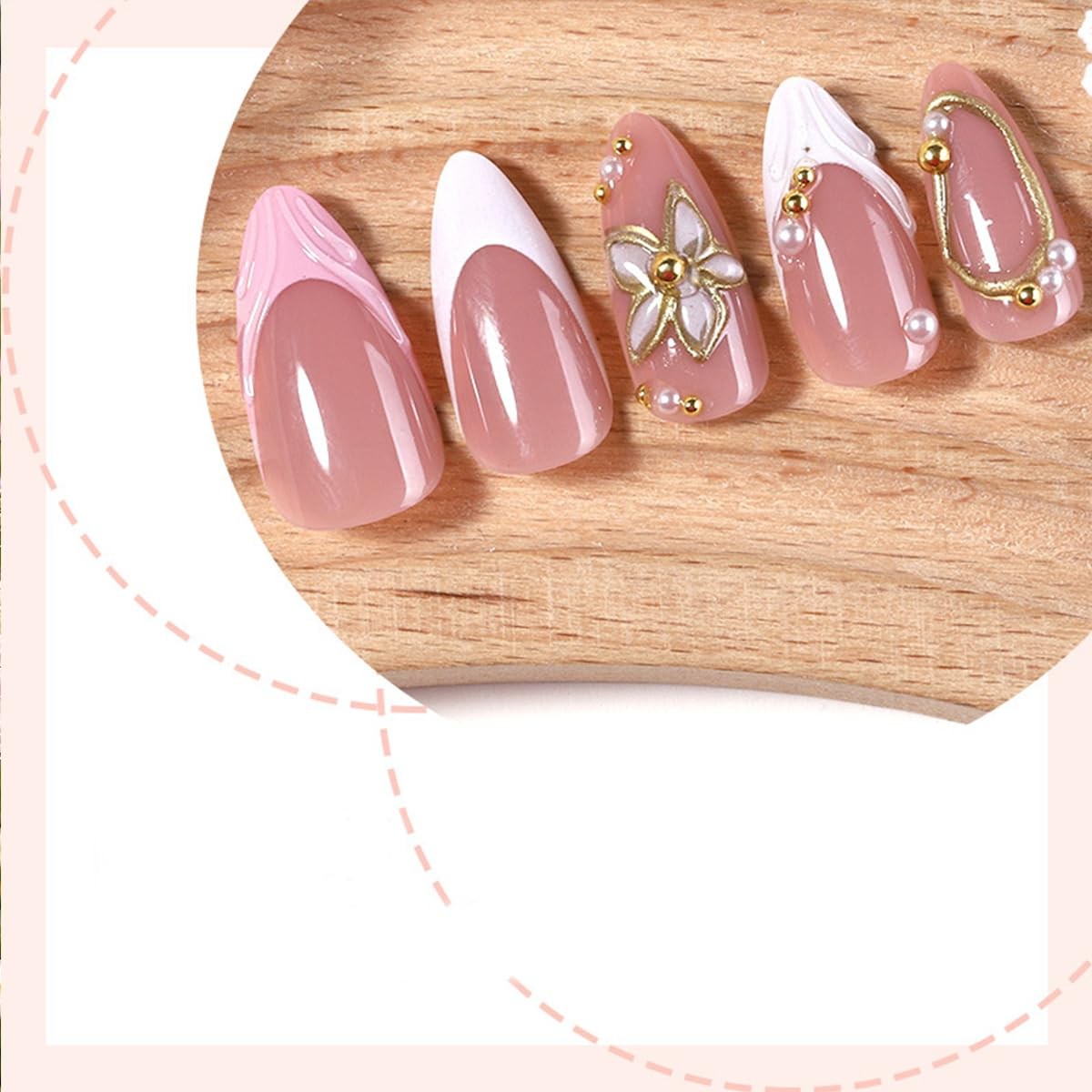 3D Press on Nails White Medium Almond Gilded Flower Pearl Fake Nails Press on…