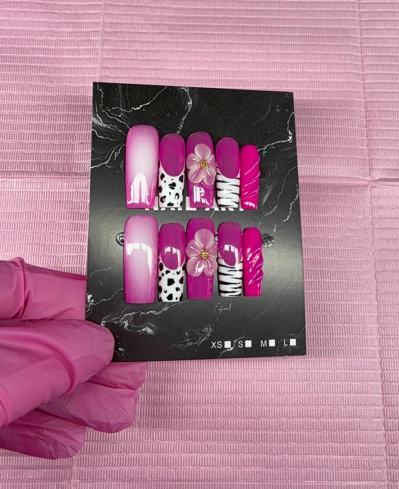 Long square press on nails animal print 3d gel flower aura