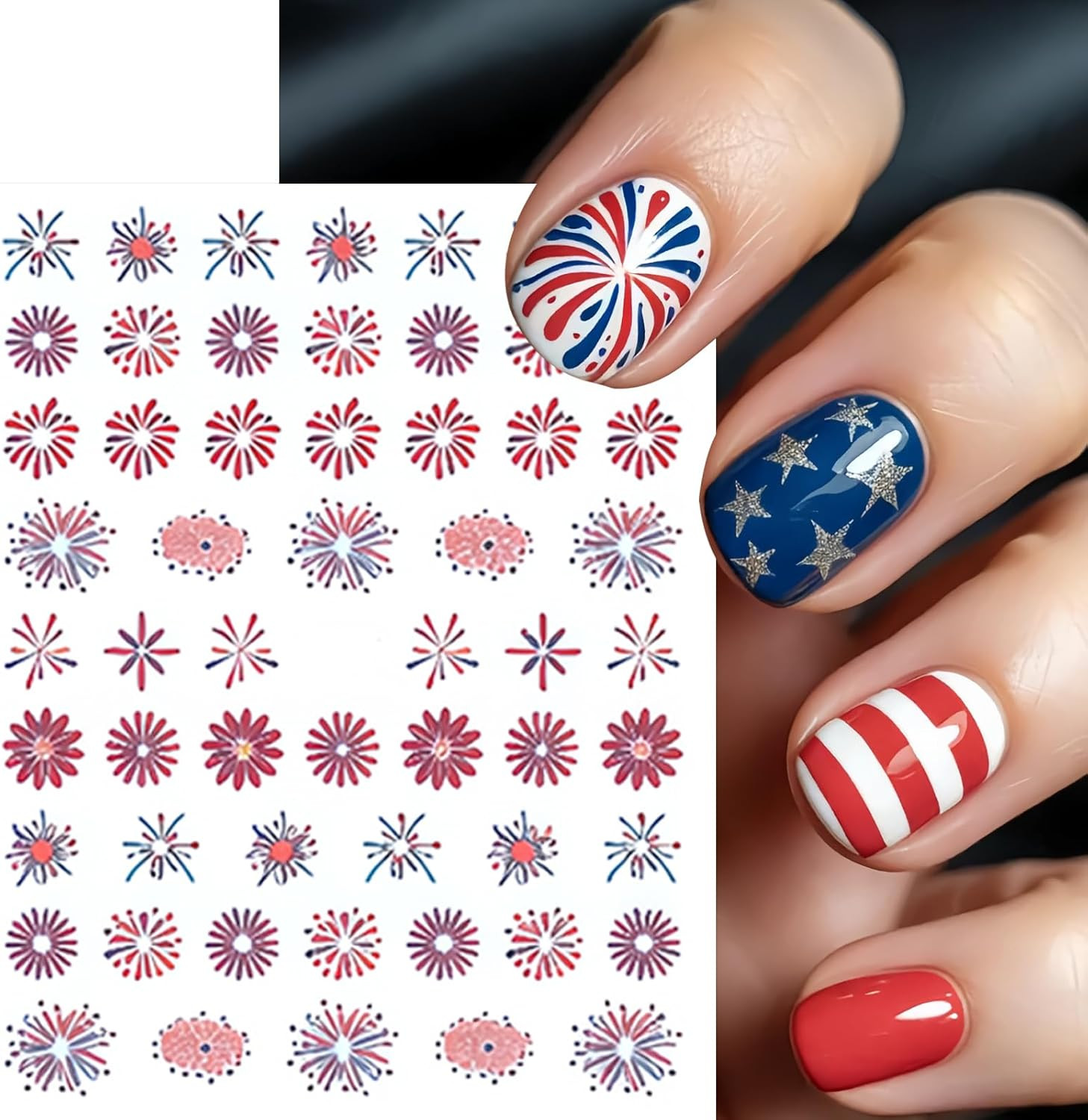 8 Sheets Independence Day Colorful Firework Nail Art Stickers 4Th of July Firewo