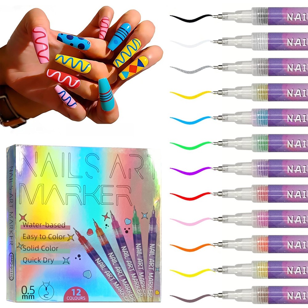 12 Colors Nail Art Pens Set, Nail Art Marker, Nail Doodle Pens, 0.5 MM Nail US