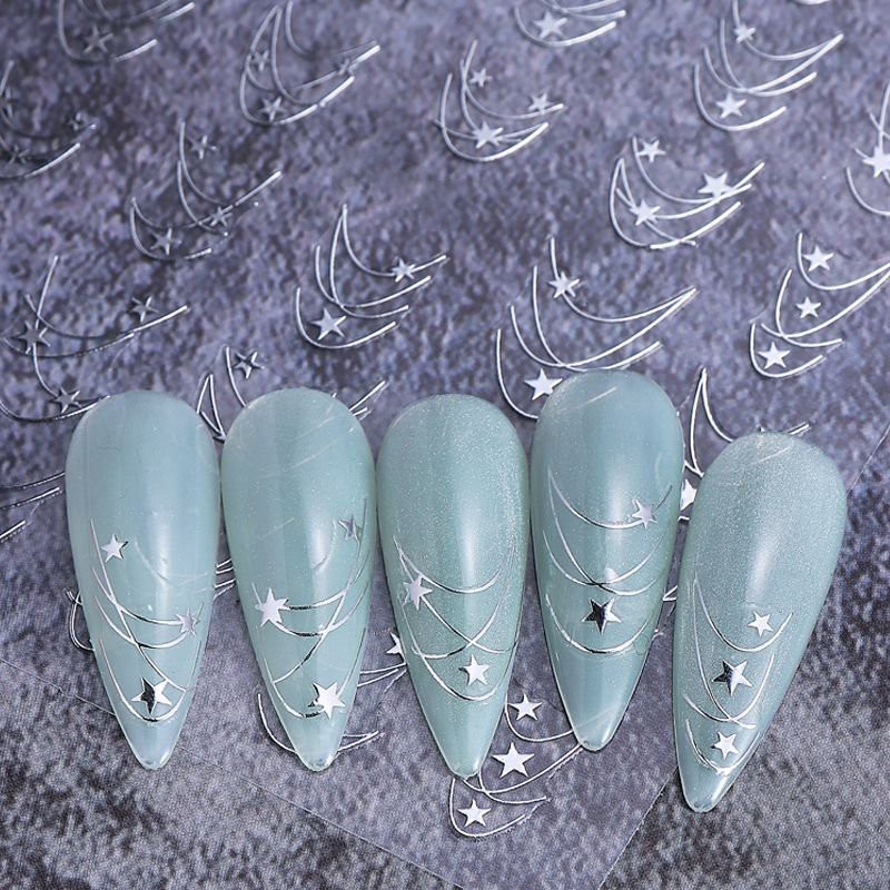 Black Stars Chain Nail Art Stickers Swirl Curve Line Silver Small Moon