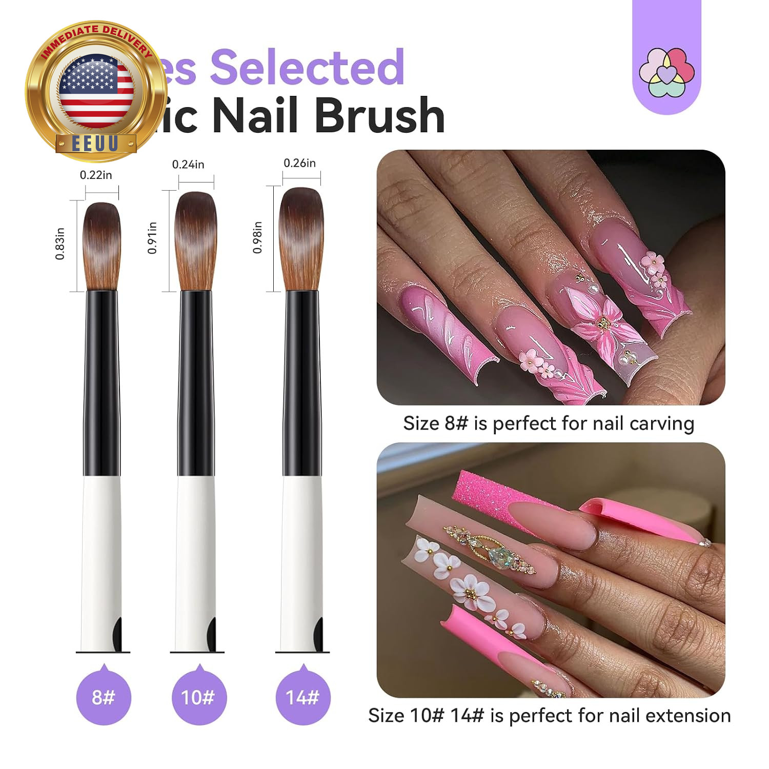 3Pcs Acrylic Nail Brush Set, Size 8/10/14 Kolinsky Acrylic Nail Brushes for Acry