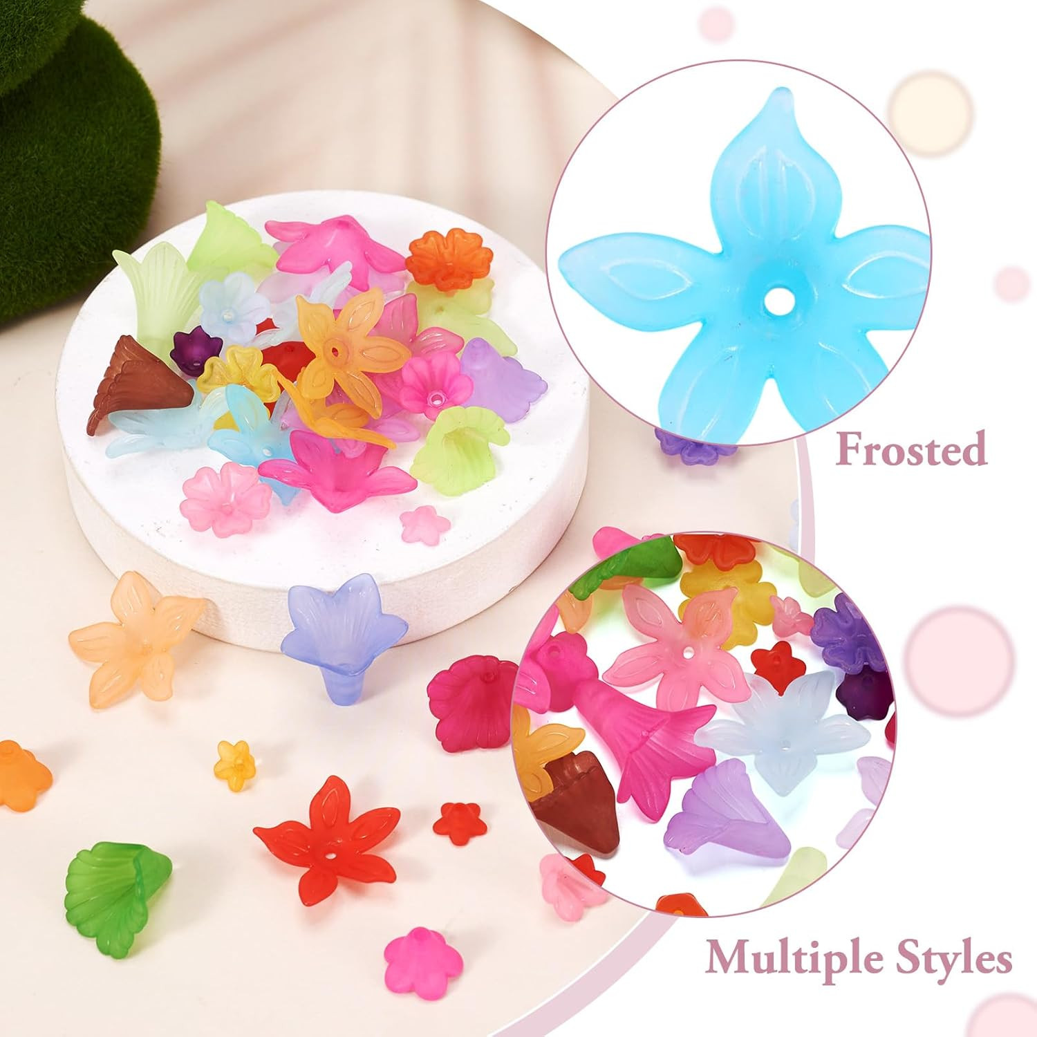 400Pcs Mixed Acrylic Flower Beads Caps 8 Style Colorful Frosted Floral Spacer Lo
