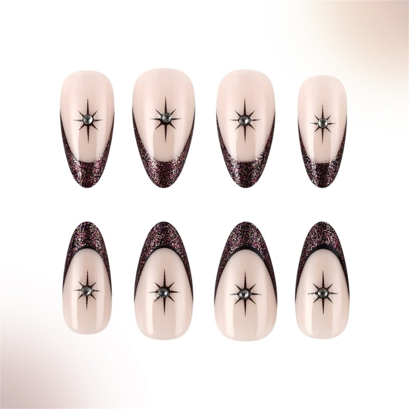 24 Pieces Short Length Almond Press On Nail Glitters Star Designs French Tip
