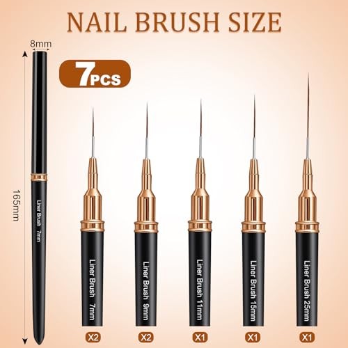 7PCS Metallic Nail Art Brushes Set, 7/9/11/15/25mm Liner Brush For Nails Gel,