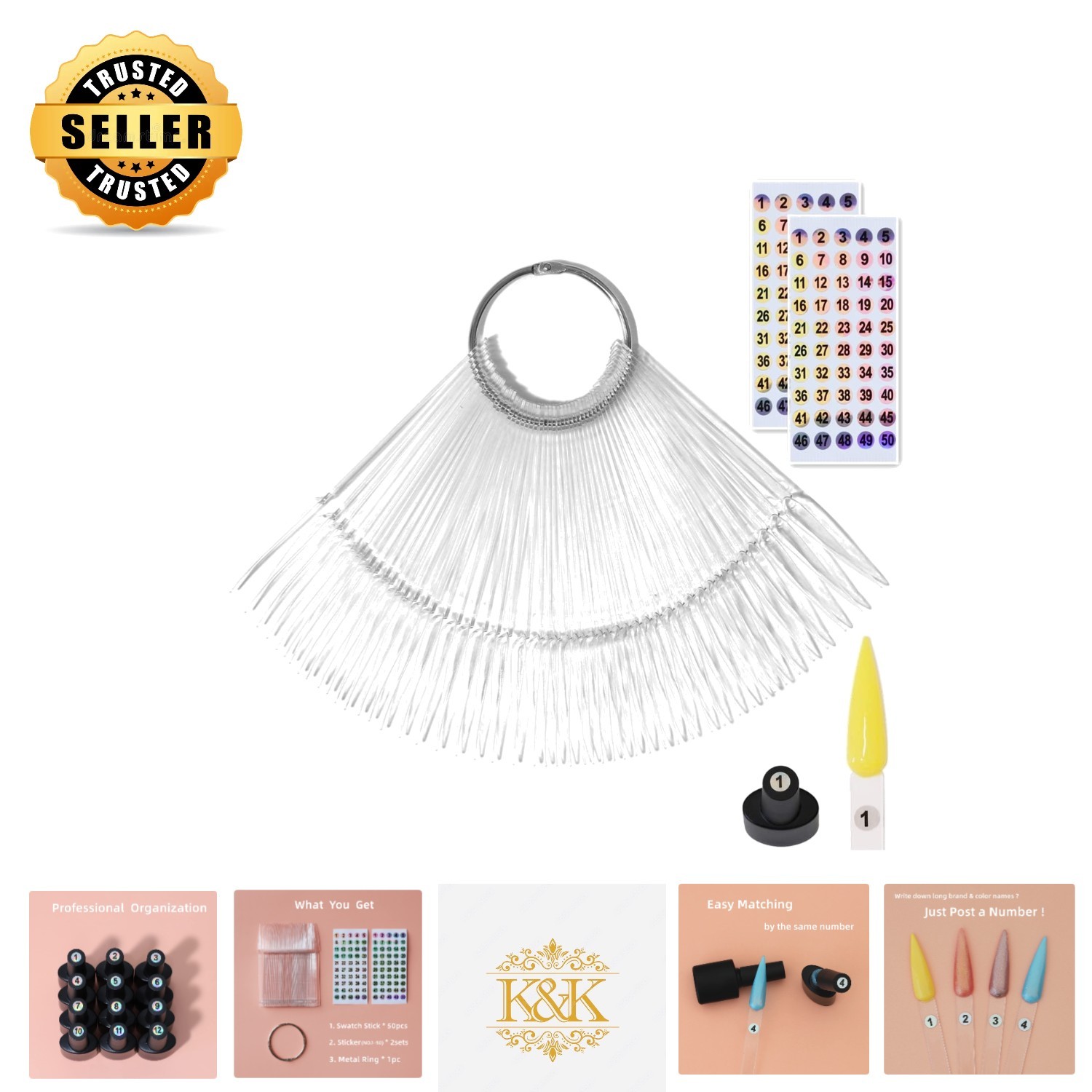 50pcs Stiletto Nail Swatch Sticks with Holographic Stickers for Professionals