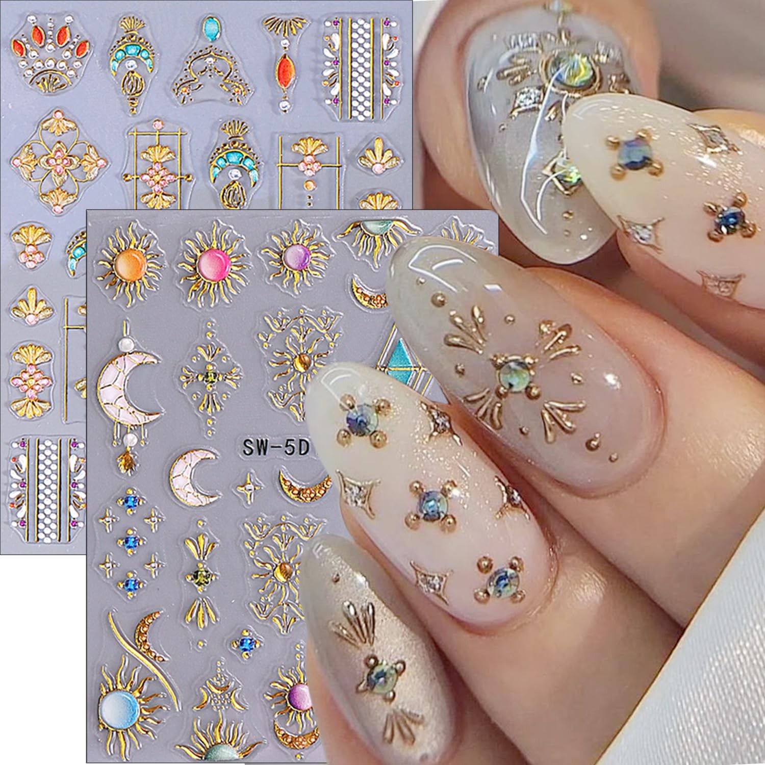 2 Sheets Embossed Sun Star Nail Stickers Bohemian Style Gold Nail Decals Sun …