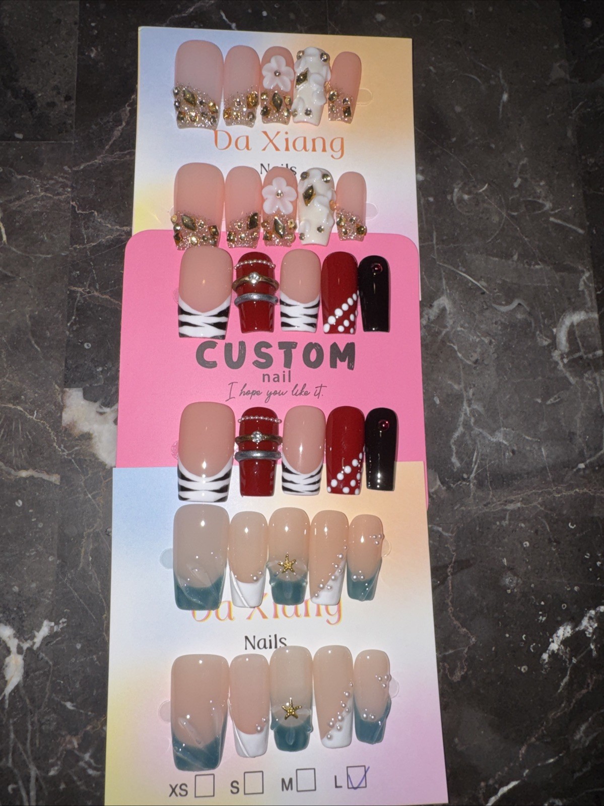 Medium Square Press On Nails 3D Flower Shiny French Handmade Bundle Size large