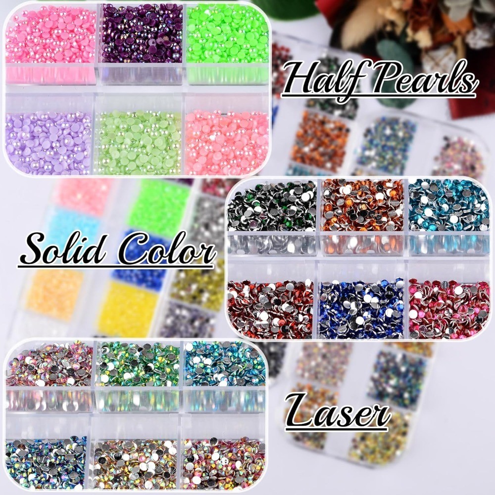 60 Colors 2mm Flatback Rhinestones Half Pearls Gems for Nail Art Crafts Face