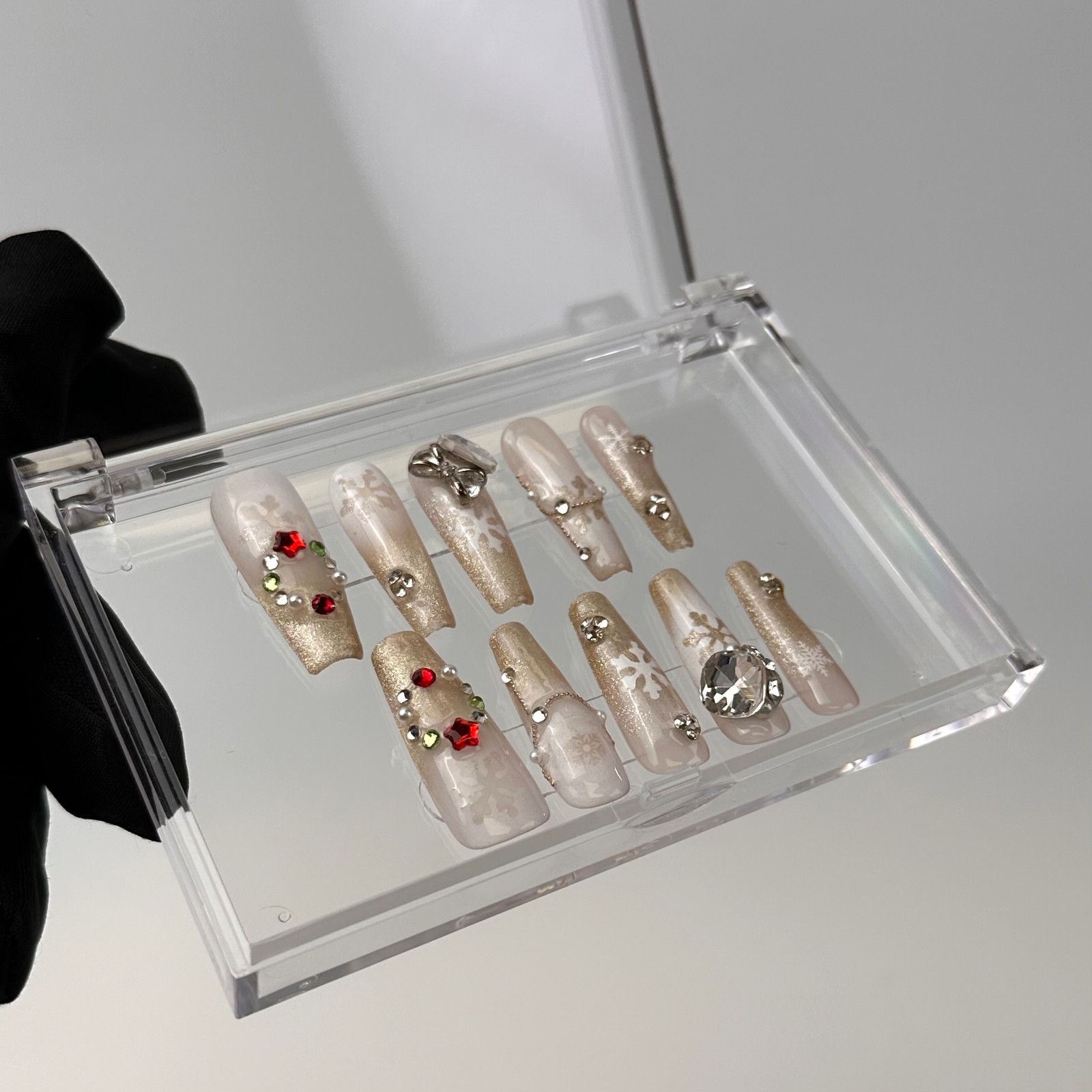 Christmas Glitter Press On Nails Long Coffin Gold Snowflake Rhinestone Set