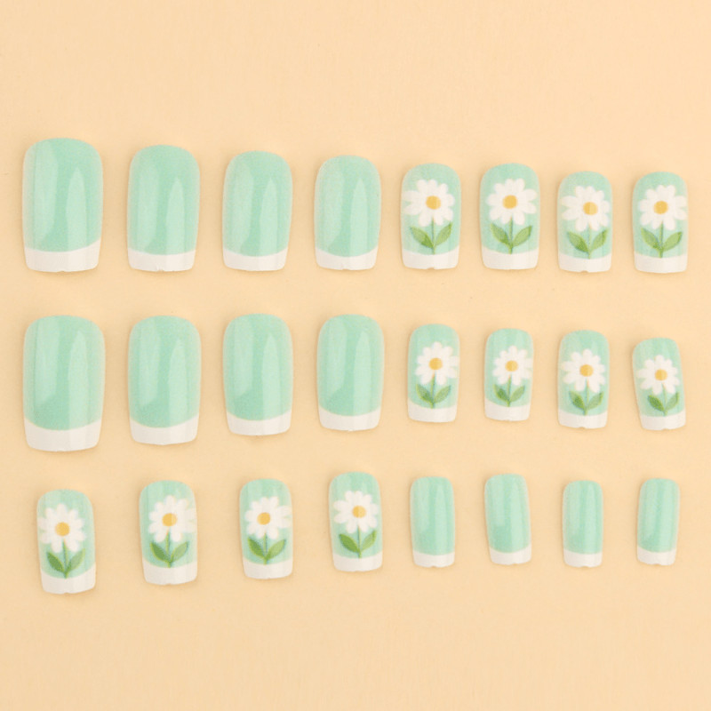 48p Short Square Press on Nails, Mint Green French Hand Paint Daisy Summer Nails