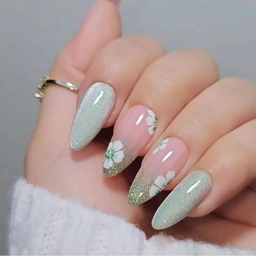 Press on Nails Medium Almond SWEKKE Magnetic French Fake Nails Green Full
