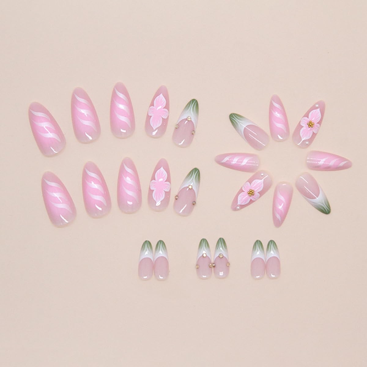 24Pcs Flowers Press on Nails Medium Almond French Tip Fake Nails with Glue Pi…