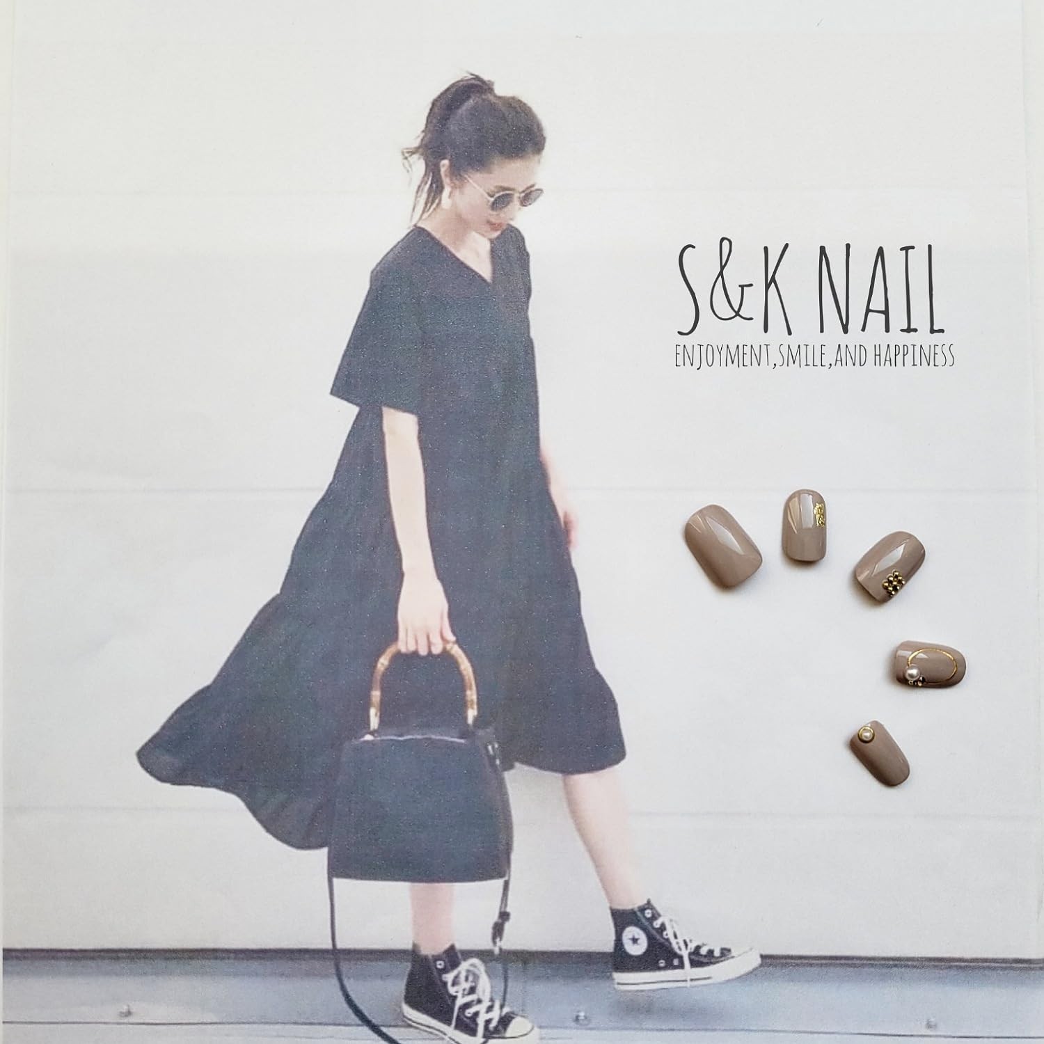 Nail Tips Short Oval Gray Beige Handmade 26pcs Japan