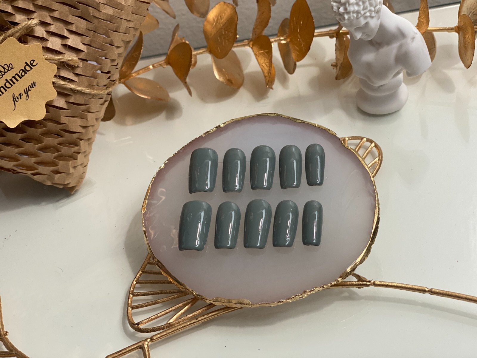 Light gray-green Hand Painted Nail Fake False Glue on nails