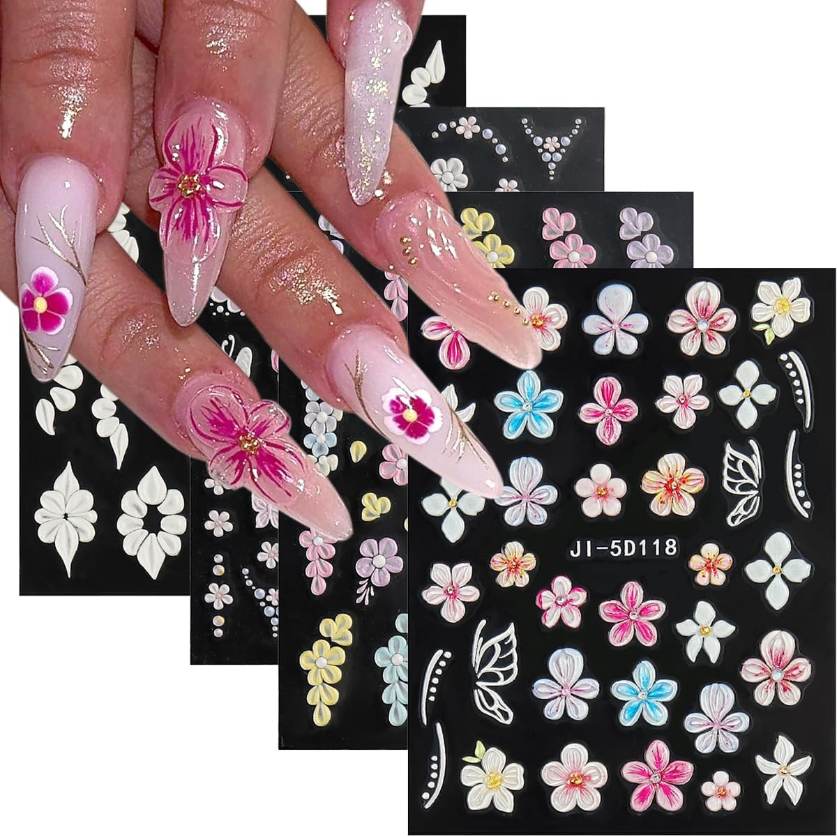 Pegatinas Unas Flores 4 Pz 3D Grabado Acrilico Decoracion Manicura Diseno Floral