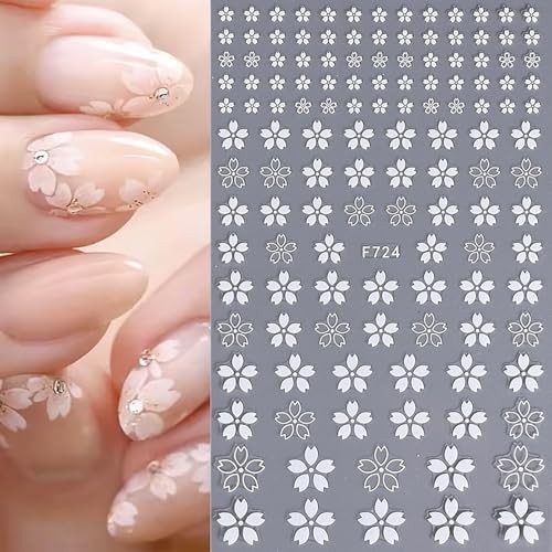 4 Sheets 3D White Flowers Nail Stickers, Self – Adhesive Cherry Blossom Style 7