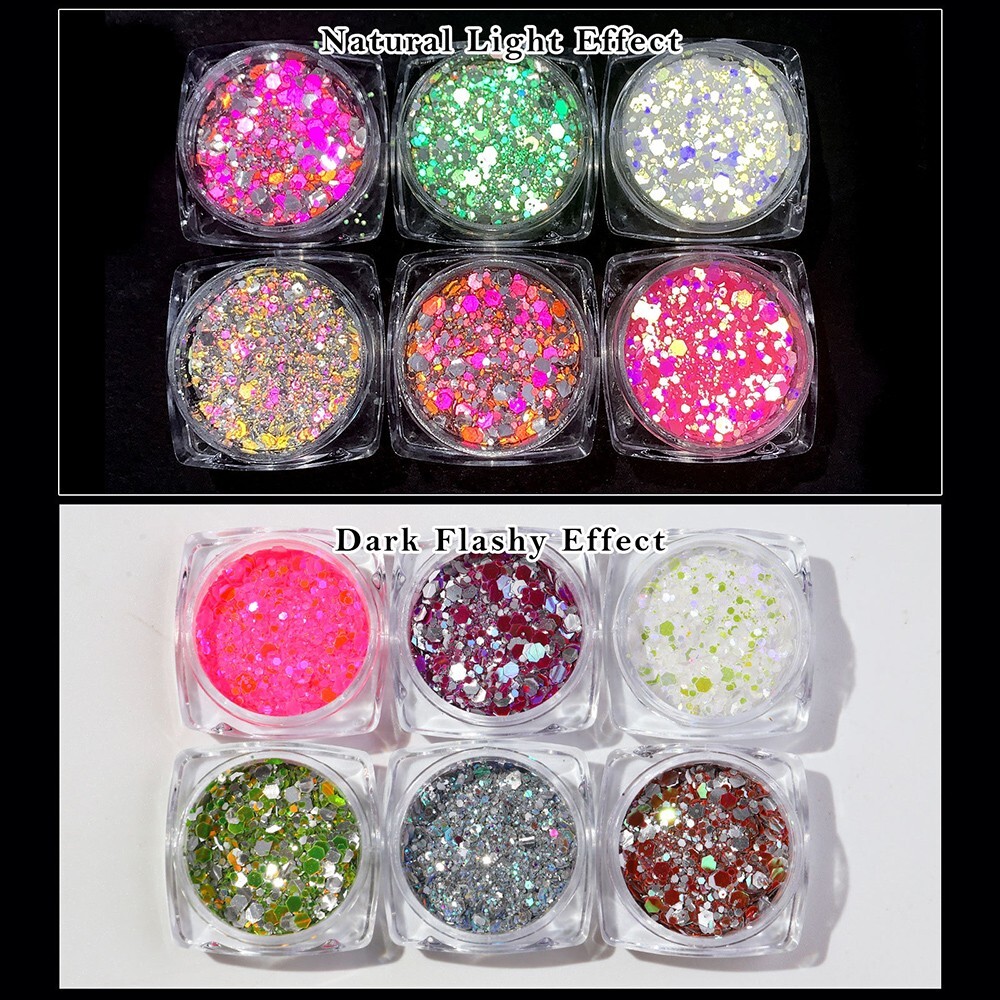 6 Color Set Mix Glitter Nail Sequins Powder Flakes Manicure In The Dark Effect