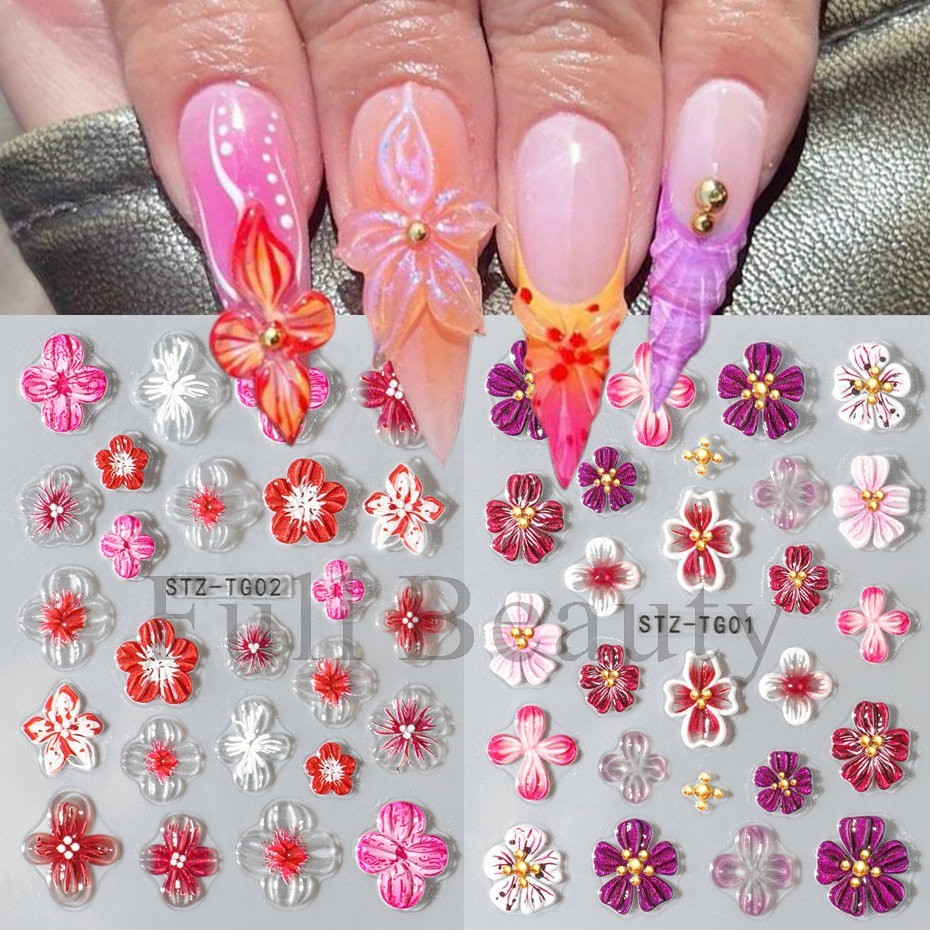 5D Relief Flower Nail Stickers Gummy Jelly Flora Aurora Gradient Hibiscus NH30