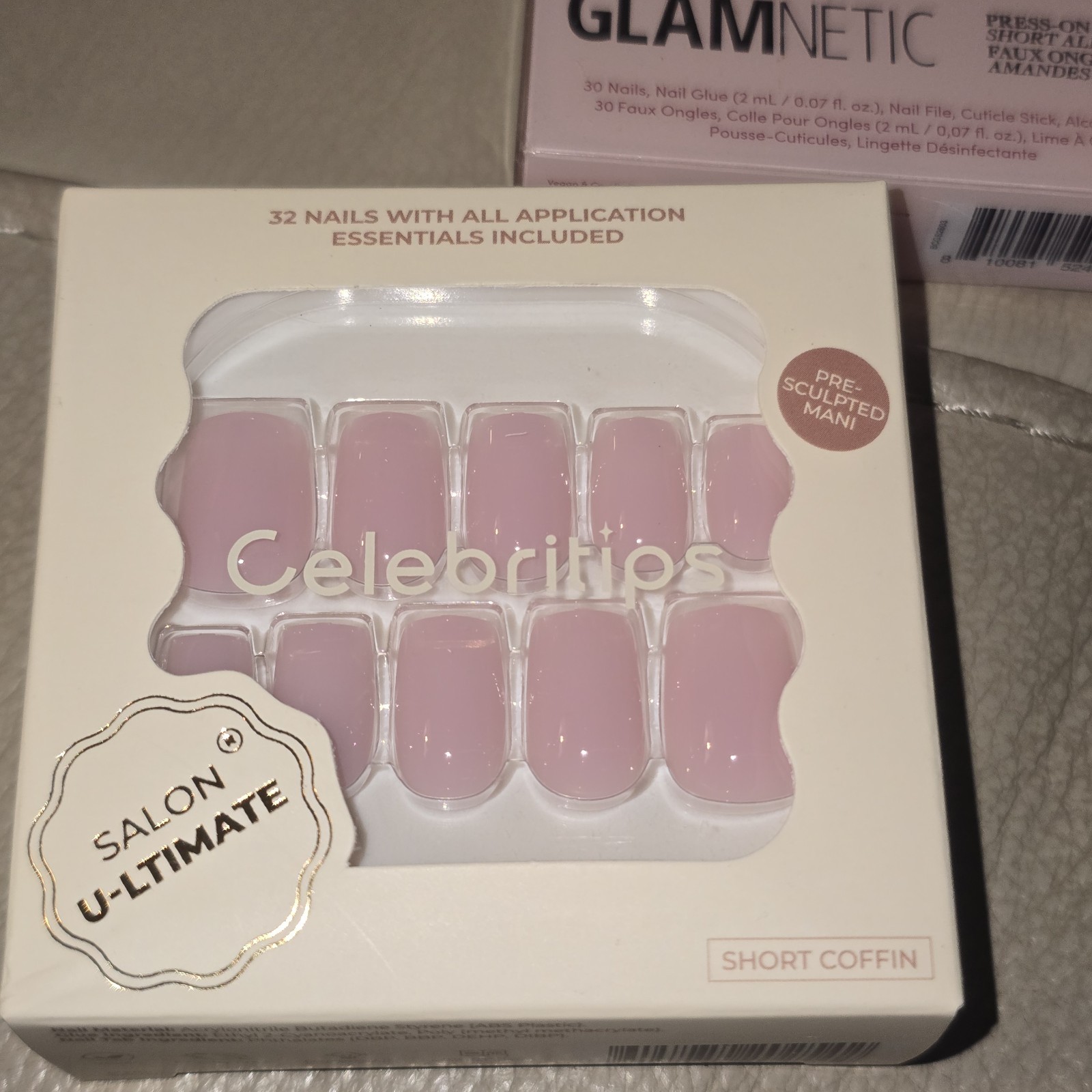 Celebritips Lot Short Almond/Coffin Pink + Remover & Glue/Glamnetics Seashell