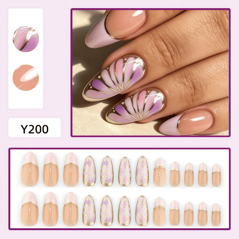 48 Pcs Gold Line Shell Gradient Oval Press on Nails, Soft Beach Nude Fake Nails