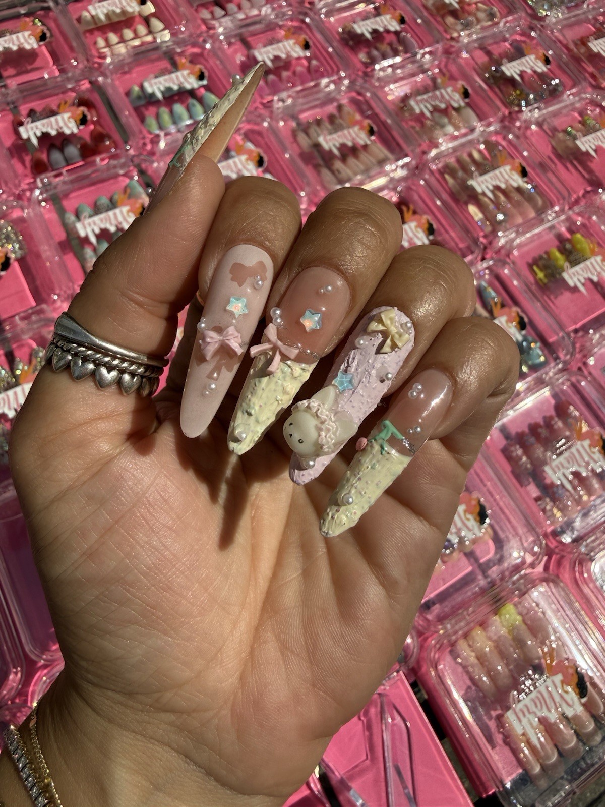 Handmade 3D Long Almond Pink Beige White Full Cover Press-On Nails Set