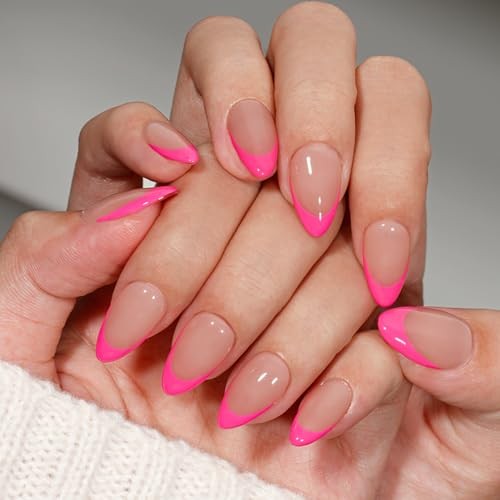 Almond Hot Pink Tip Press On Nails – 30 Pcs – Short Almond Hot Pink
