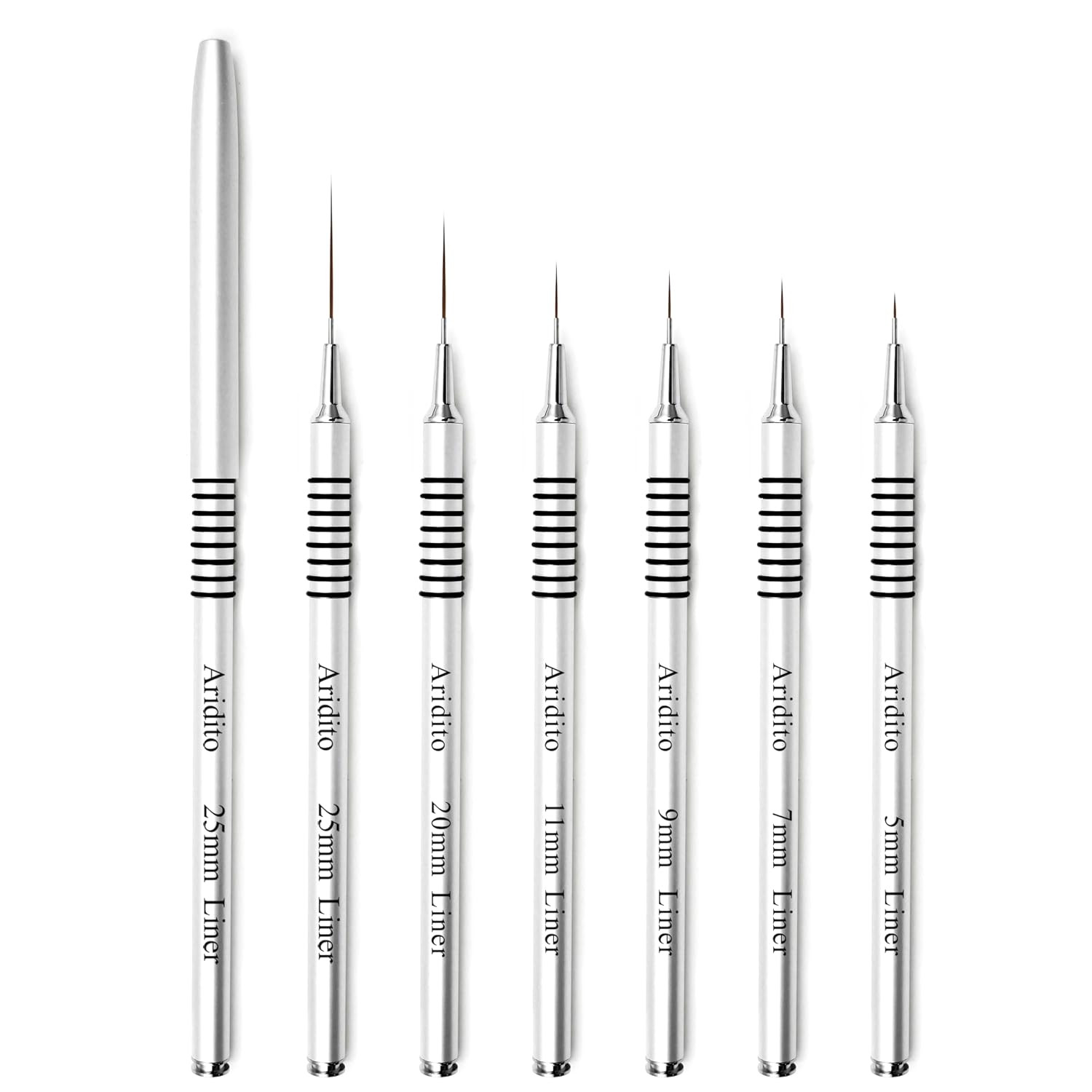 6Pcs Silver Metal Handle Nail Art Liner Brushes Set | 5/7/9/11/20/25Mm Sizes