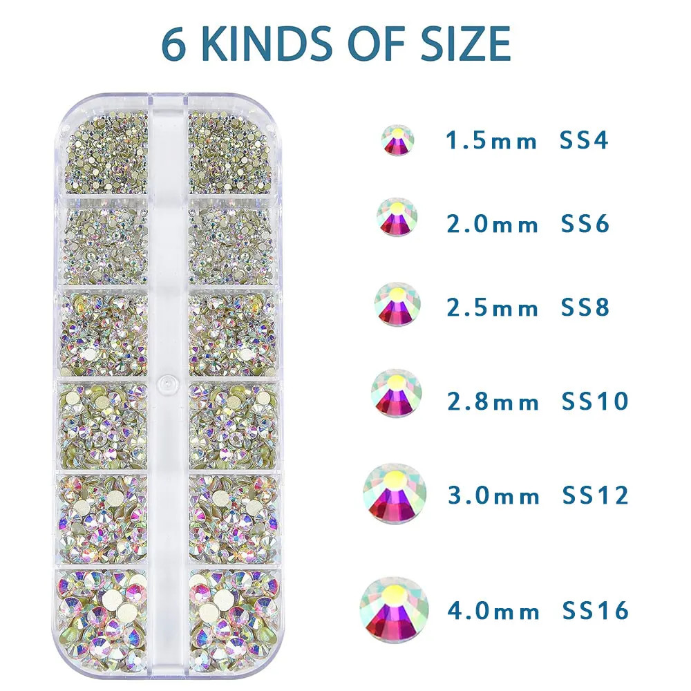 2400pcs+ Shiny Clear Crystal Gems Nail Rhinestones 1.5-4mm Mixed Round Glass
