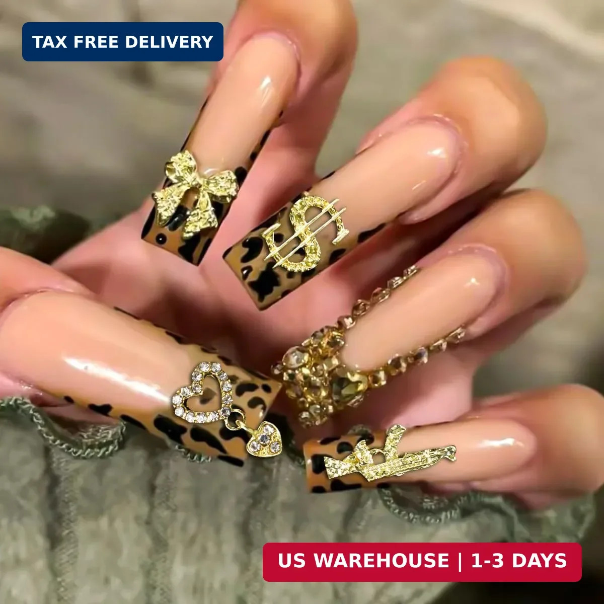 100Pcs Gold Nail Charms and Gems Y2K Nail Charms Bulk 3D Hearts, Dollars, Bow, G