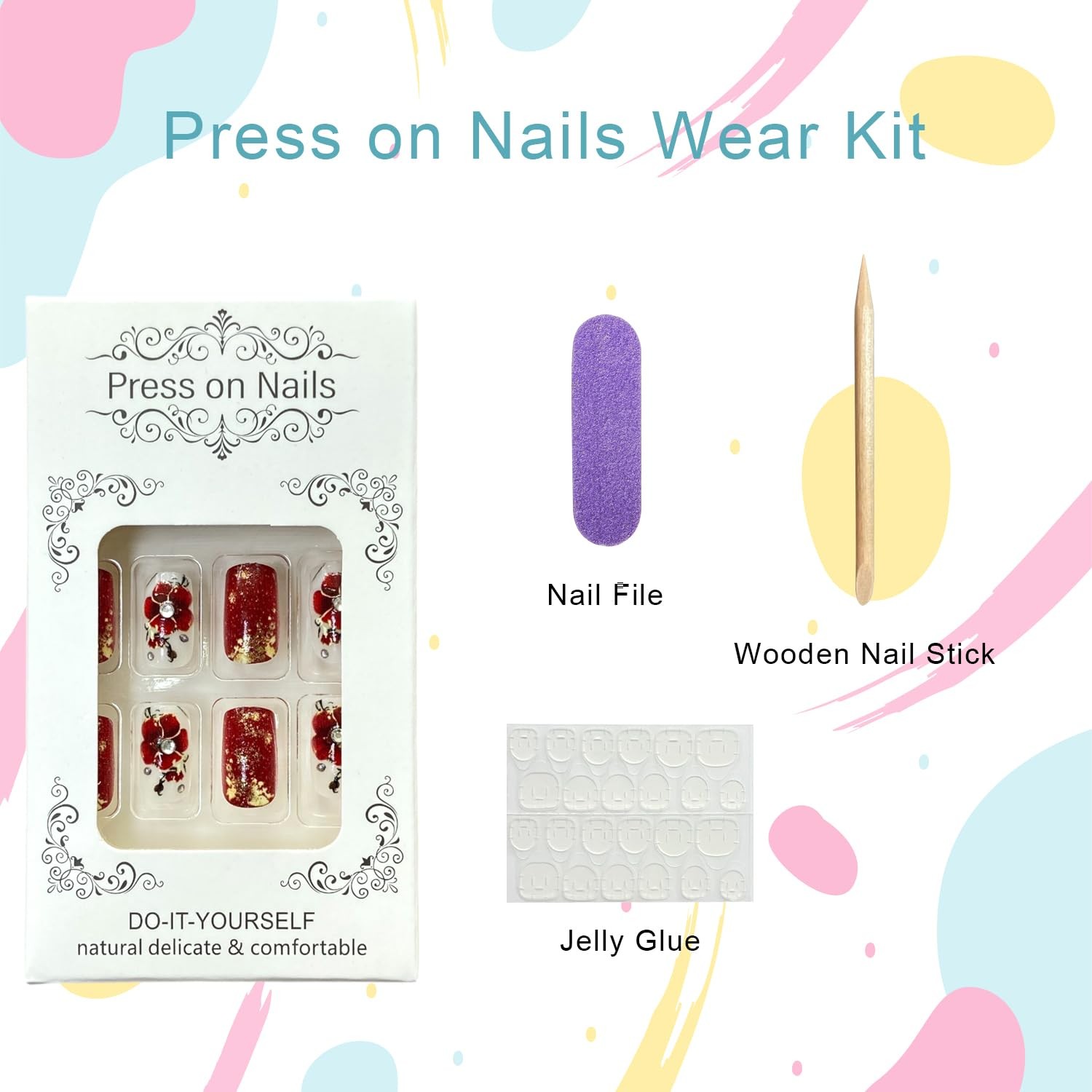 Red Flowers Press on Nails Medium Square Fake Nail with Rhinestones Gold Foil…