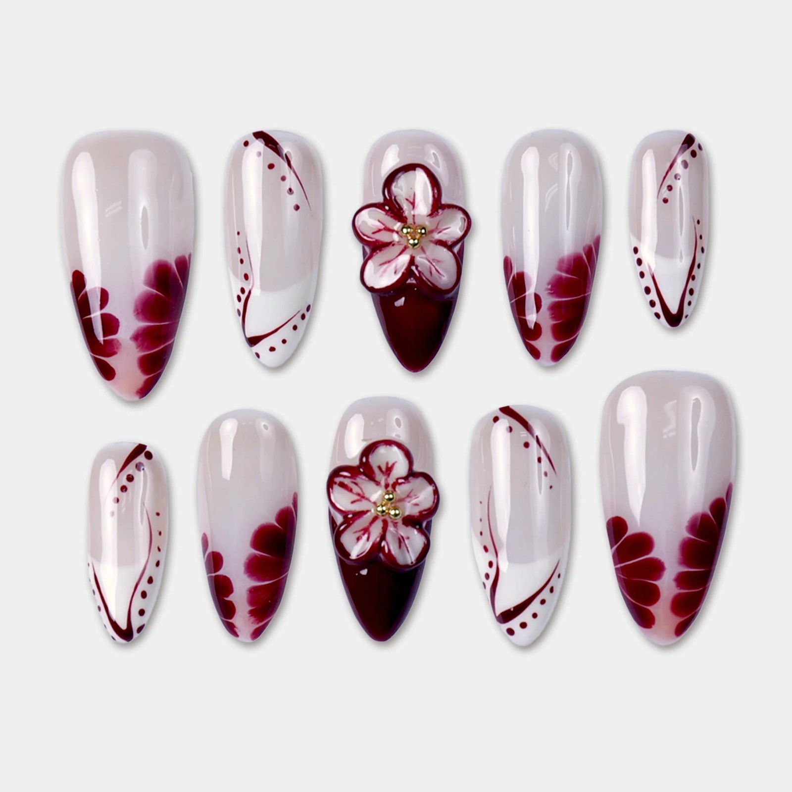 SIYOU Velvet Rose Almond Red, Beige & White Press-On Nails 10pc