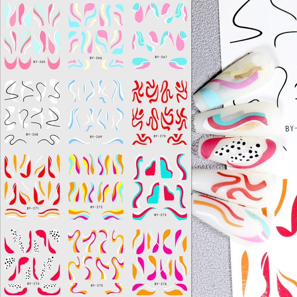 Colorful Wave Lines Nail Art Stickers for Girls – Neon Ribbon Strips Water Tr…