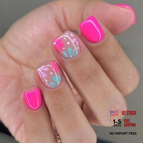 Short Square Fake Nails with Flower Designs – Acrylic Press