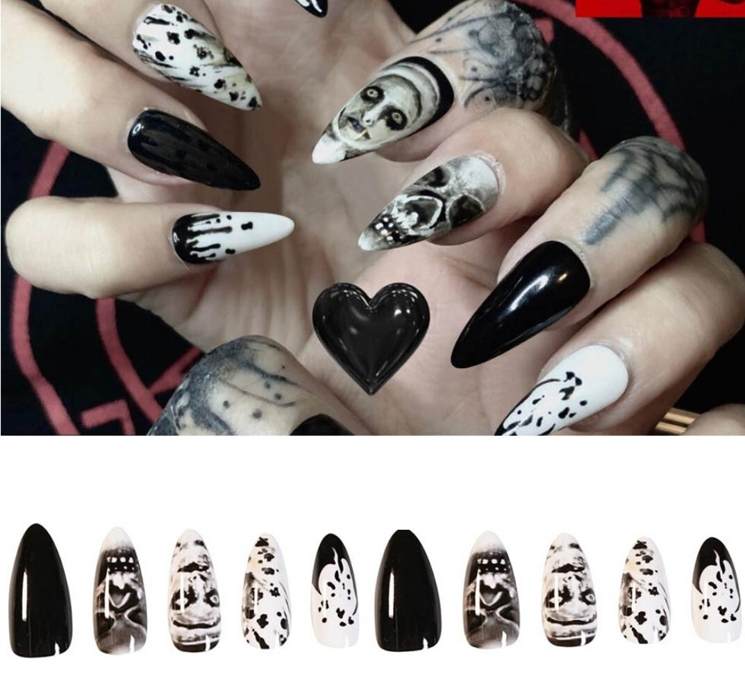 24 Medium Press on nails kit w glue horror halloween nun black white goth stilet