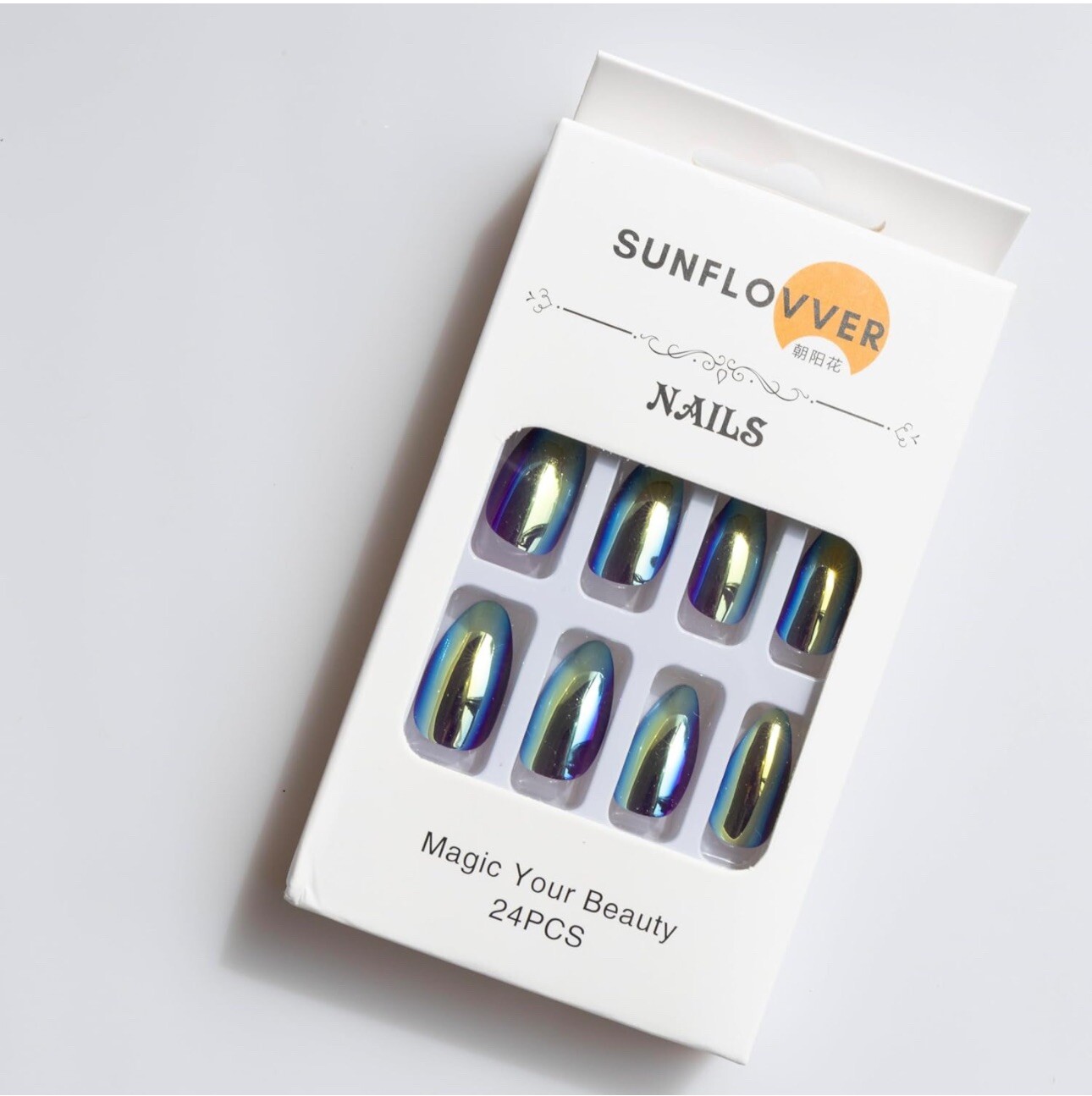 LEBON Radiant Chrome Press on Nails Short Fake Acrylic Almond 24 Pcs (No.11 TEAL