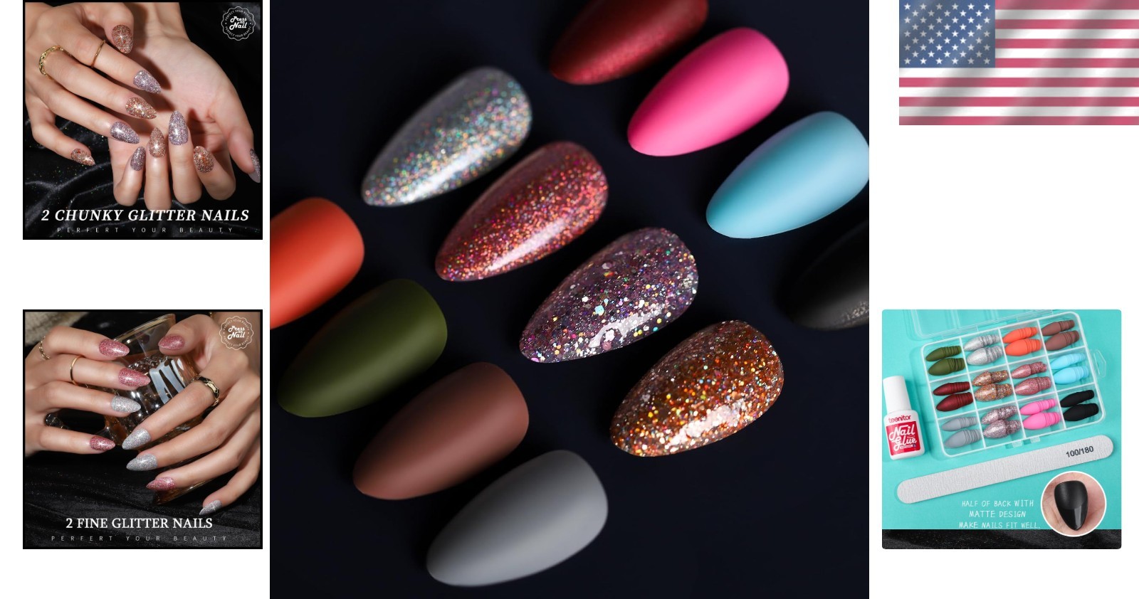 12 Sets of Short Almond Press On Nails with Glue & Nail File: 288PCS Variety